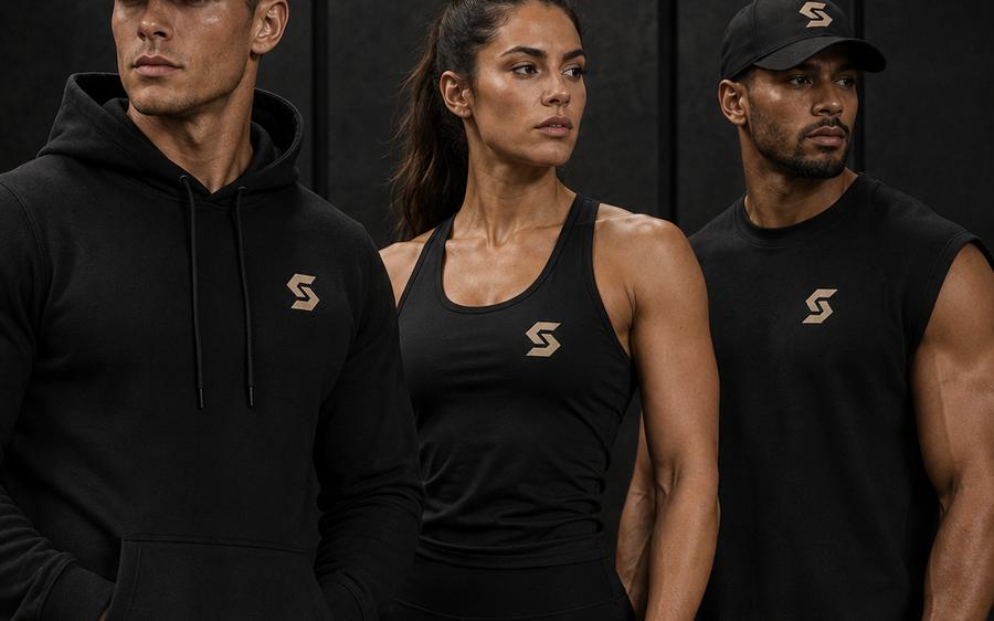 SCOLPI apparel — hoodie, tank and cap in black with the sand S logo